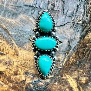 925 Sterling Silver Turquoise Triple Stone  Ring Size 8+